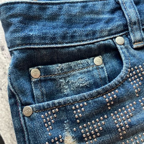 Victoria's Secret PINK Denim Shorts Blue Triangle Studs Cheeky Cut Off Size 8 - Picture 4 of 5